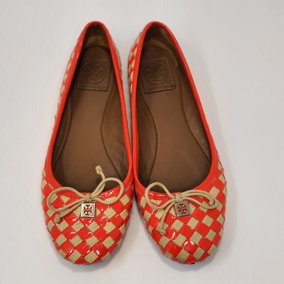 Tory Burch Prescott Ballet Flats Neon Orange Patent Leather Woven Size 8.5 M - Picture 2 of 9